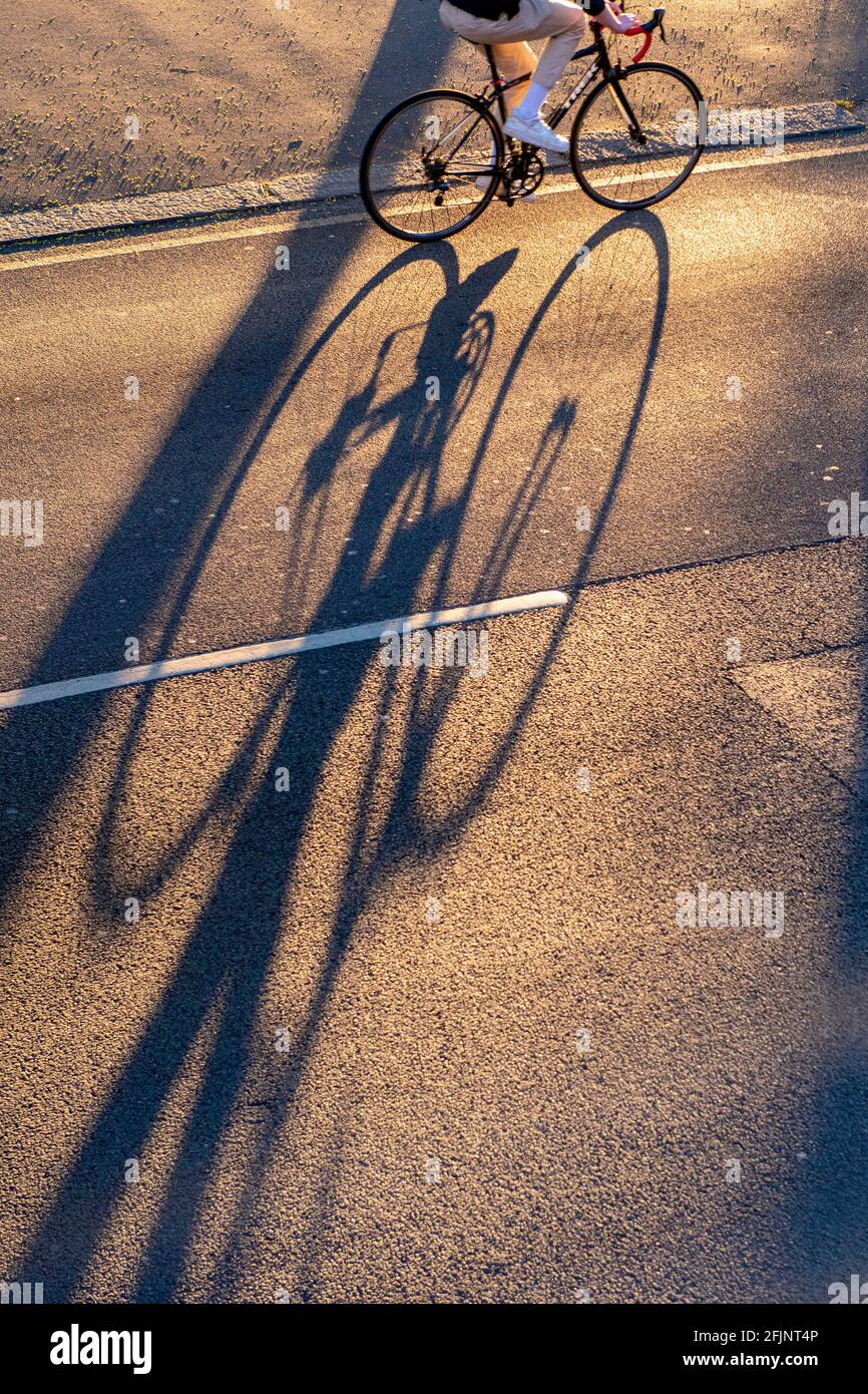 Un ciclista proyecta una larga sombra en la tarde sol Foto de stock