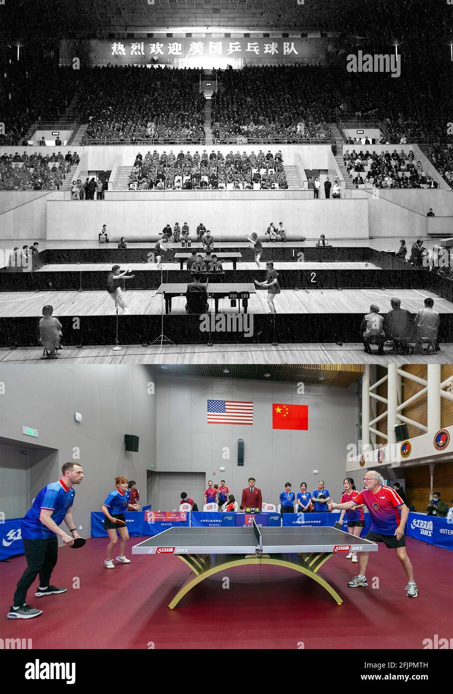 (210426) -- BEIJING, 26 de abril de 2021 (Xinhua) -- foto combinada muestra a jugadores de China y Estados Unidos compitiendo en un partido amistoso con el tenis de mesa en Beijing, capital de China, 13 de abril de 1971 (arriba), Y jugadores de China y Estados Unidos compitiendo en un partido amistoso para conmemorar el 50th aniversario de la Diplomacia Ping-Pong entre los dos países en el Museo de la Federación Internacional de Tenis de Mesa en Shanghai, China del Este, 10 de abril de 2021. Hace cincuenta años, con un encuentro inesperado pero afortunado, los jugadores chinos y americanos del ping-pong rompieron con ideologi profundamente arraigado Foto de stock