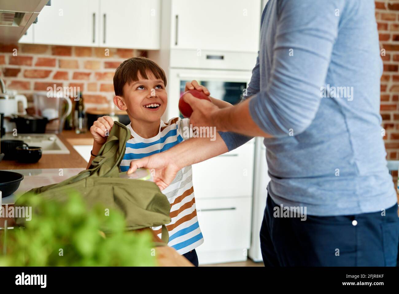 Feliz niño con padre que empacan cajas de comida saludable Foto de stock