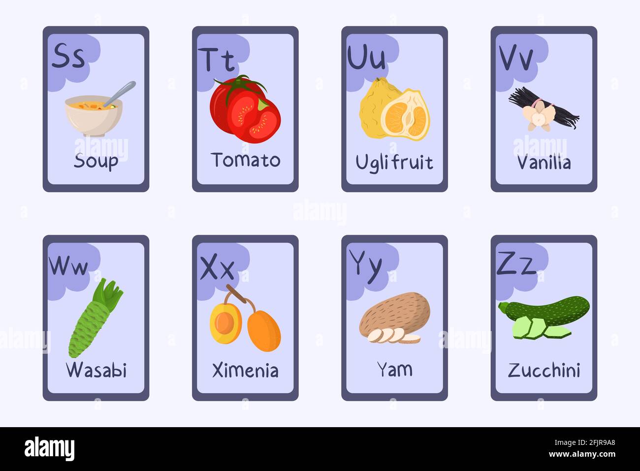 Letra alfabética de colores S, T, U, V, W, X, Y, Z - sopa, tomate, fruta de  los ugli, Vainilla, wasabi, ximenia, yam zucchini Tarjetas temáticas de  alimentos para enseñar con alimentos