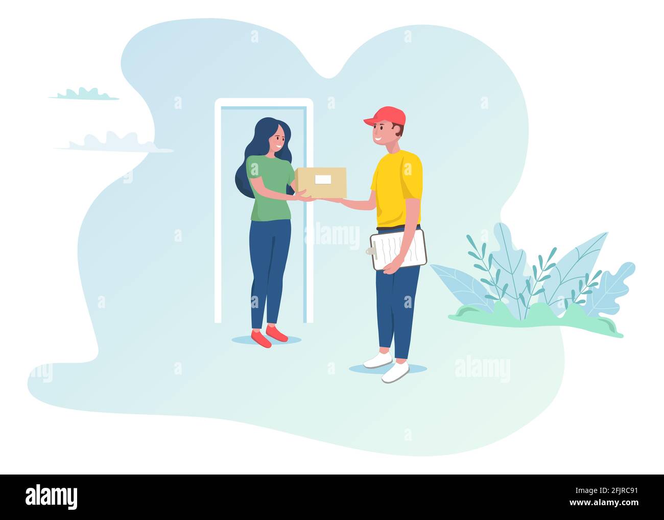 Mujer recibe el paquete de la tienda en línea. Courier entrega el paquete.  Envío rápido en casa. Ilustración vectorial editable Imagen Vector de stock  - Alamy
