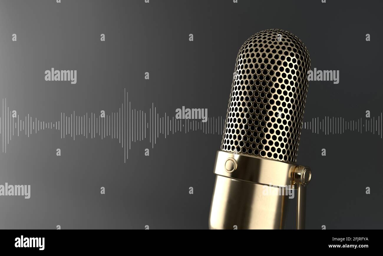 Elegante micrófono dorado lateral sobre fondo negro con ondas de sonido.  Concepto de podcast, en directo y streaming. 3d renderizado Fotografía de  stock - Alamy