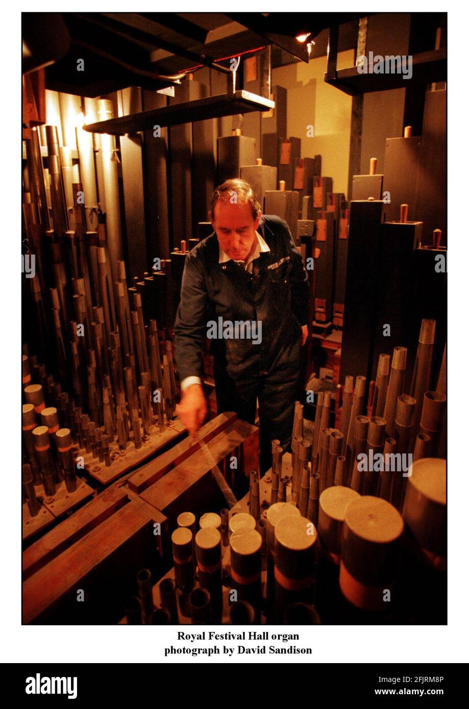 David Chapman que sintoniza el órgano del Royal Festival Hall Foto de stock