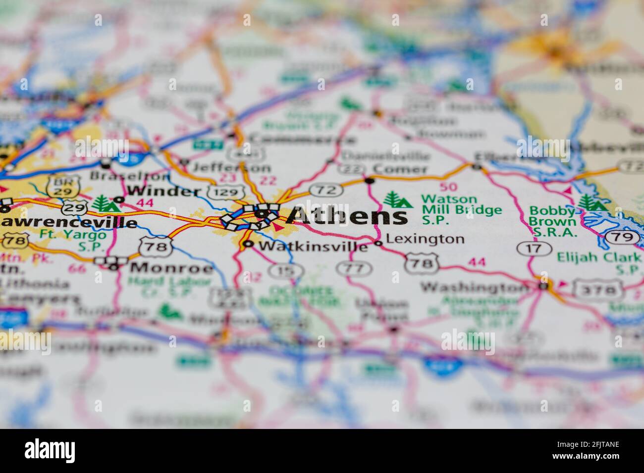 Atenas, EE.UU. Y las zonas de los alrededores se muestran en una carretera Mapa o mapa