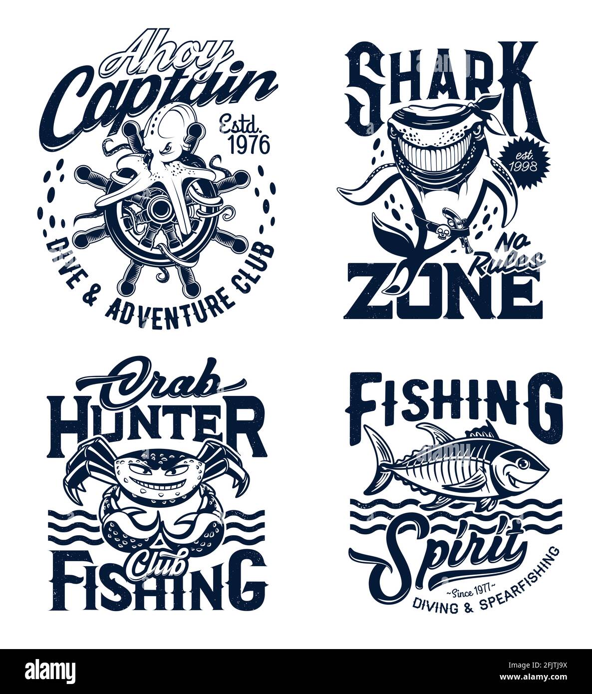 Estampados de camisetas con animales submarinos, mascotas vectoriales para el diseño de prendas de vestir. Pulpo, tiburón, cangrejo y etiquetas aisladas para club de pesca o divin Imagen Vector de stock -