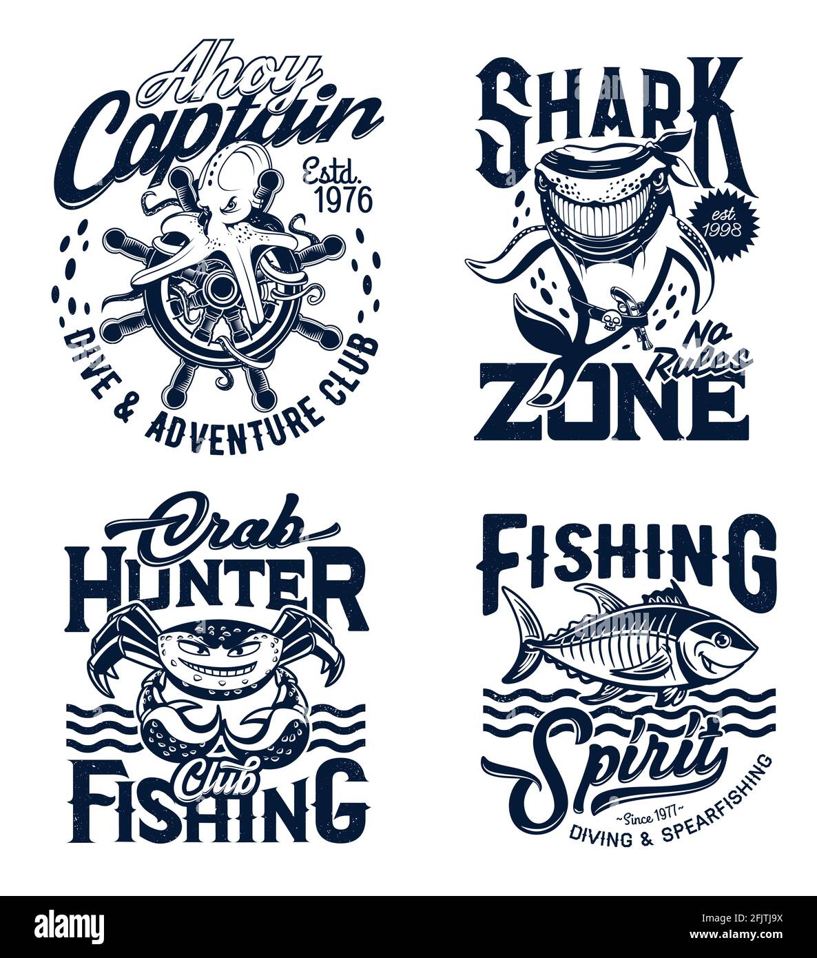 Estampados de camisetas con animales submarinos, mascotas vectoriales para el diseño de de vestir. Pulpo, tiburón, cangrejo y atún etiquetas aisladas para club de pesca o divin Imagen Vector de stock -
