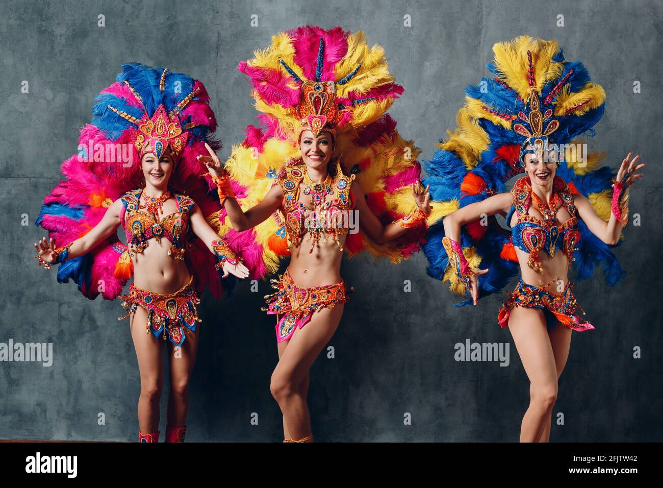 Mujeres en traje brasileño de carnaval samba con plumaje de plumas de  colores Fotografía de stock - Alamy