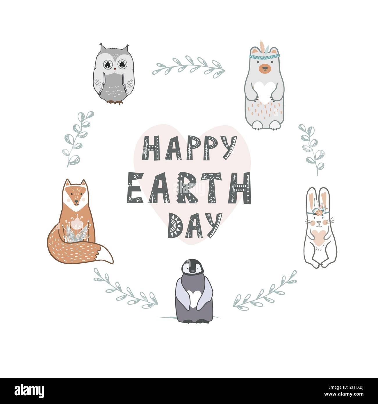 Bandera del Día de la Tierra con letras y lindos animales en estilo escandinavo. Ilustración vectorial, tarjeta de felicitación de forma redonda Ilustración del Vector