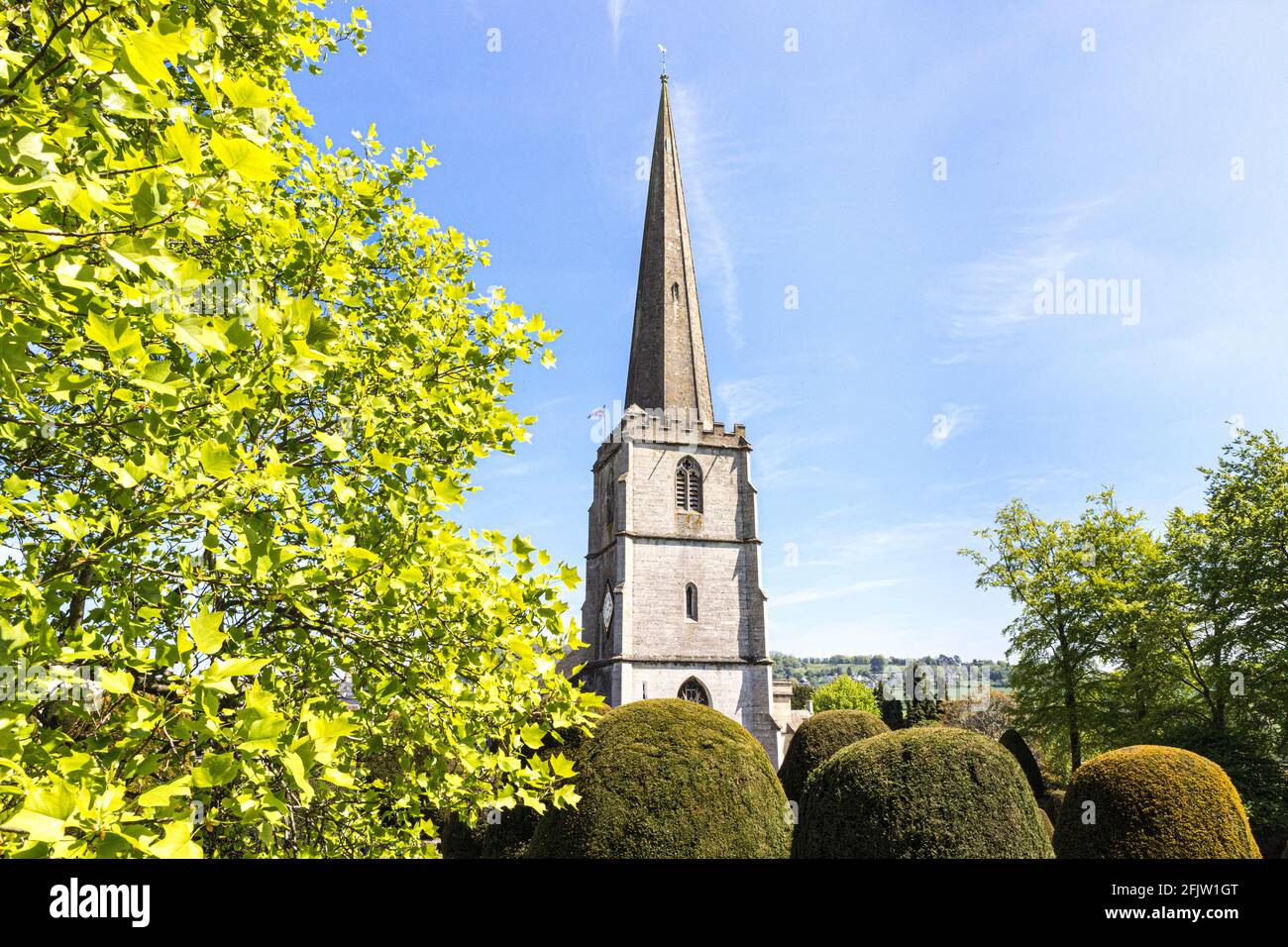 Iglesia de San Marys con algunos de sus 99 árboles de tejo en el pueblo Cotswold de Painswick, Gloucestershire Reino Unido Foto de stock