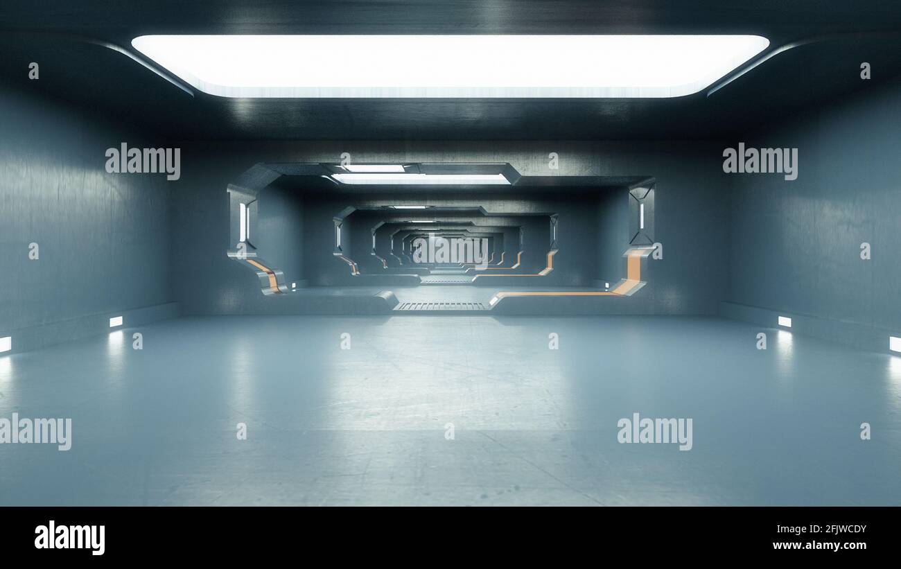 renderizar en 3d. Pasillo futurista. Concepto de arquitectura moderna y nave espacial interior Foto de stock