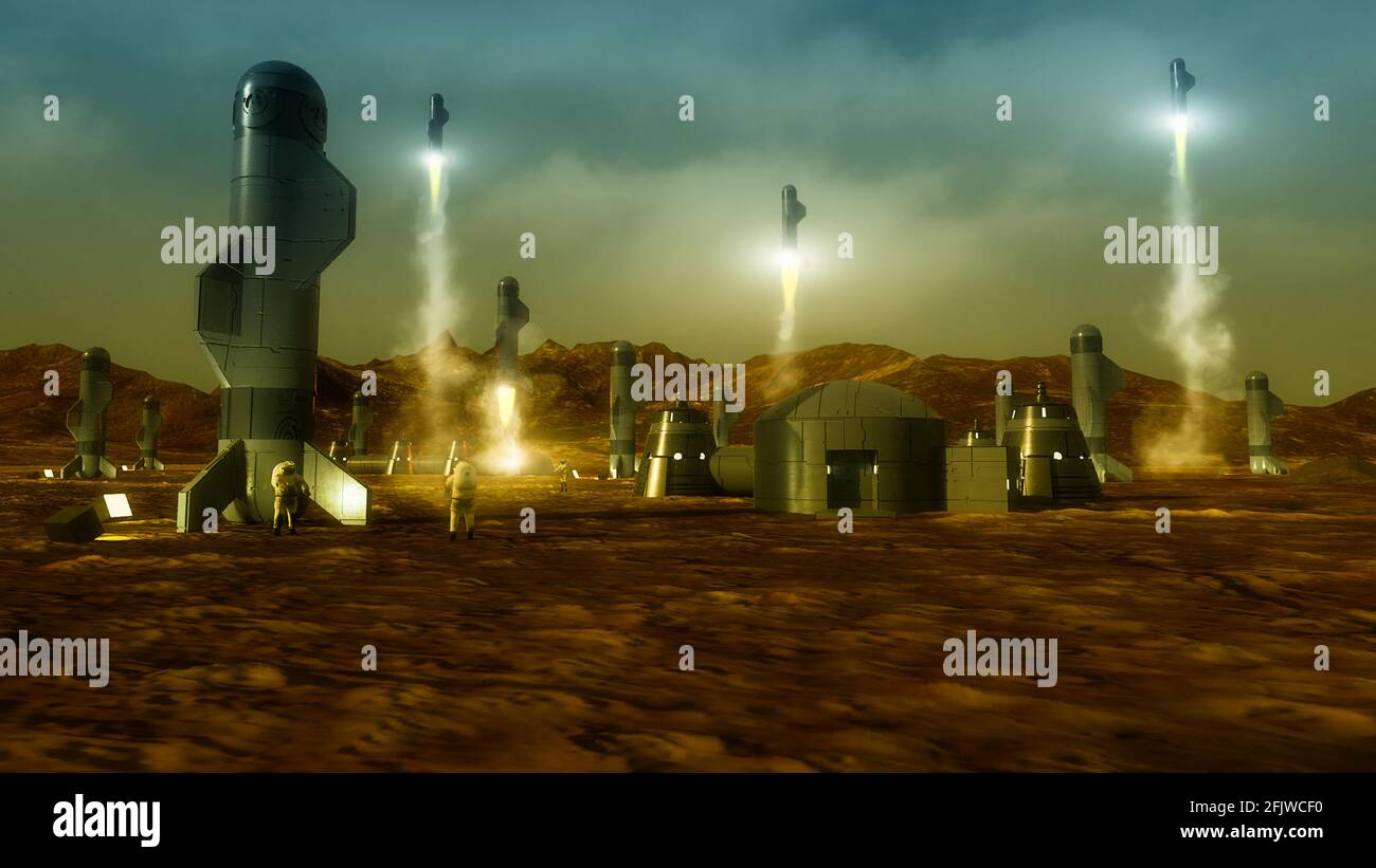 3d render. Colonia de seres humanos en un planeta Foto de stock