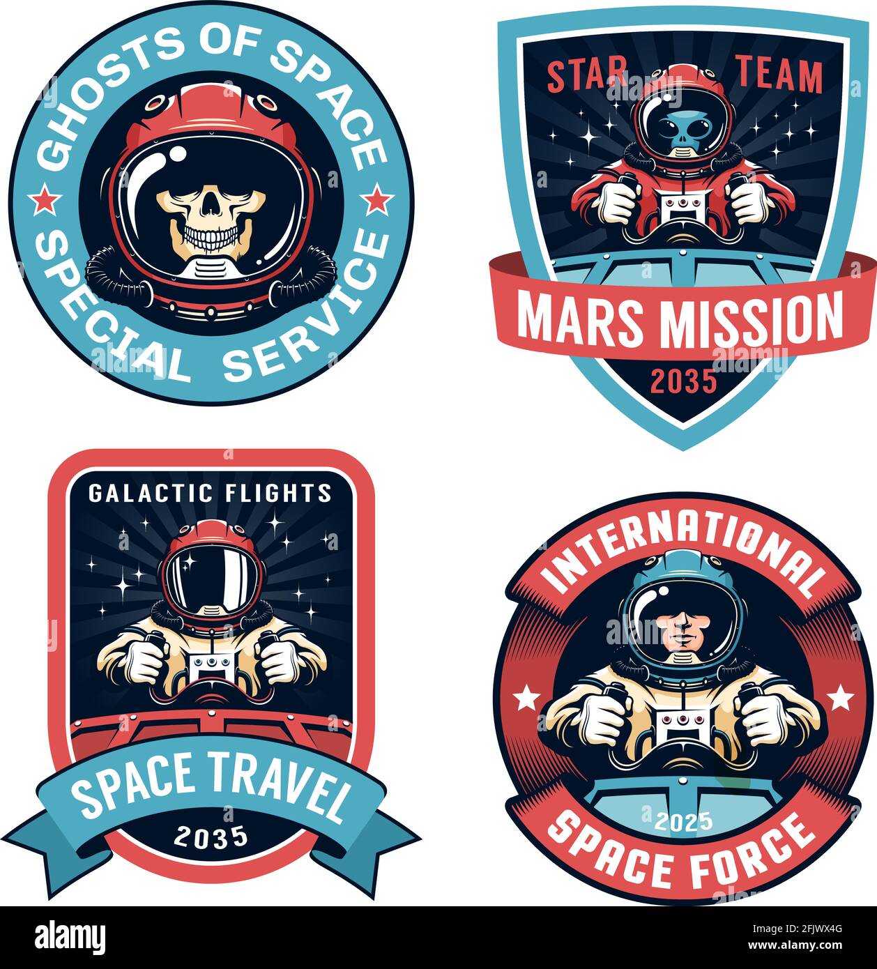 conjunto de insignias espaciales, parches, emblemas, insignias y etiquetas.  exploración de galaxias y diseño de vectores de misiones de astronautas.  6901279 Vector en Vecteezy