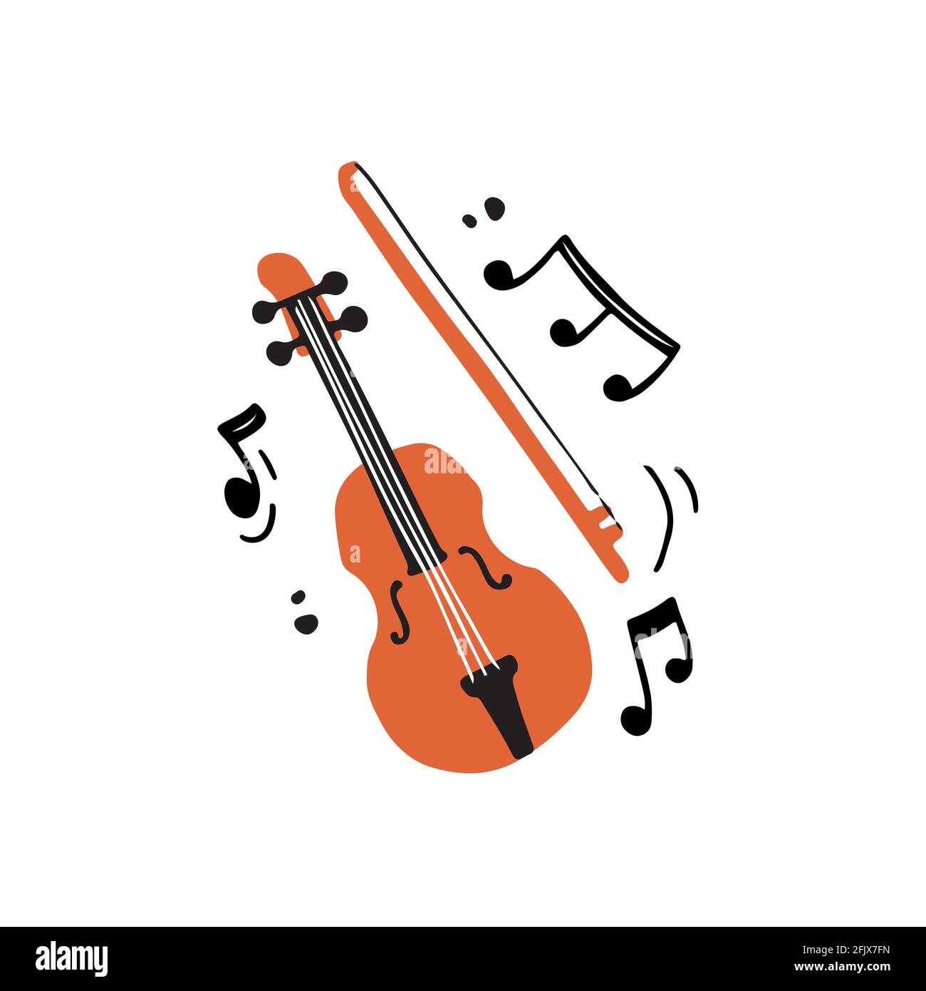 Ilustración vectorial de violín profesional minimalista y arco de naranja  color dibujado a mano en estilo de dibujos animados planos jugando al  clásico creativo música en medio de notas abstractas durante el