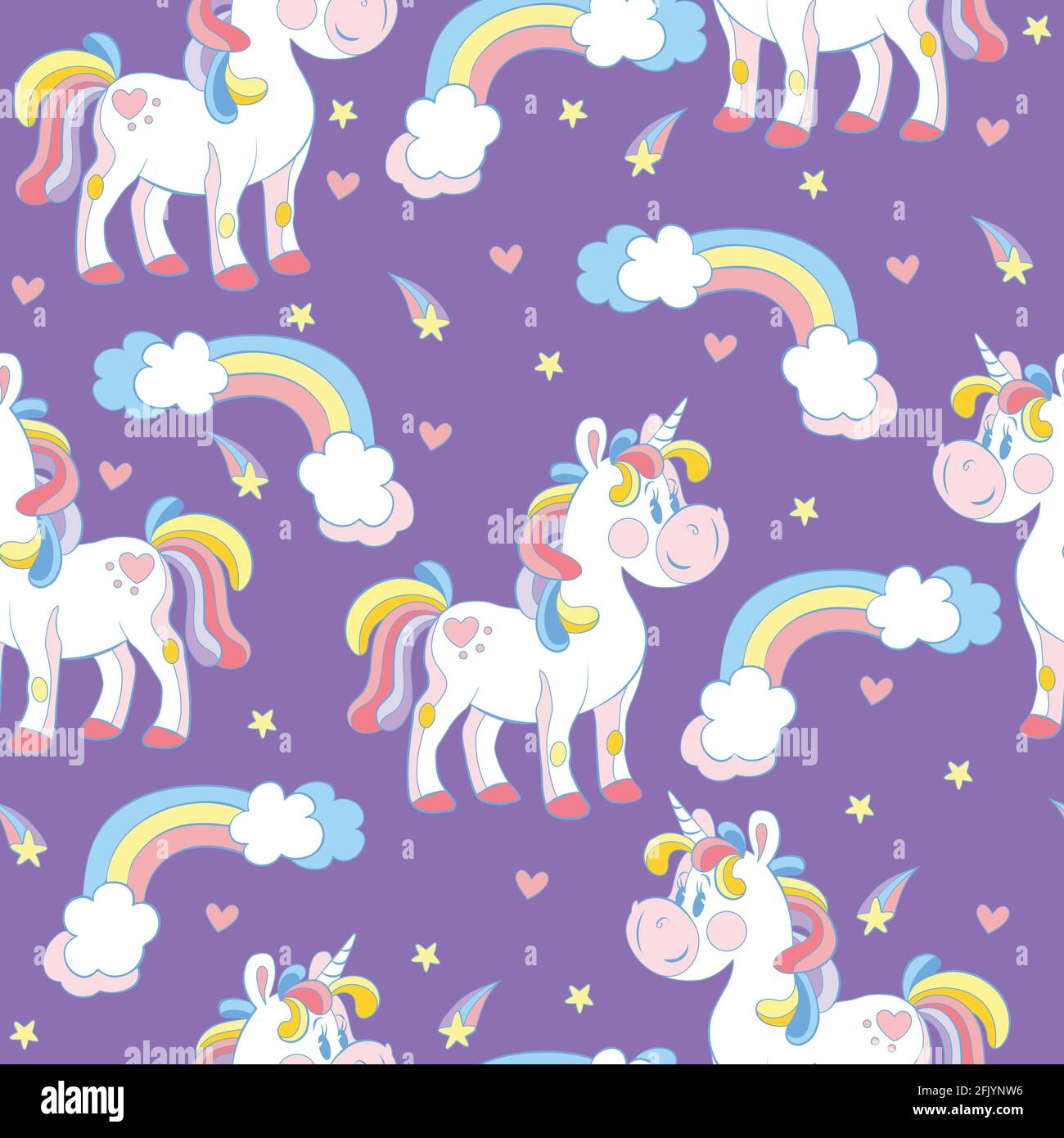 Diseño sin costuras con lindos unicornios de dibujos animados y arco iris sobre fondo morado. Ilustración vectorial para fiesta, impresión, ducha de bebé, papel tapiz, diseño, d Imagen Vector de stock - Diseño sin costuras con lindos unicornios de dibujos animados y arco iris sobre fondo morado. Ilustración vectorial para fiesta, impresión, ducha de bebé, papel tapiz, diseño, d Imagen Vector de stock -