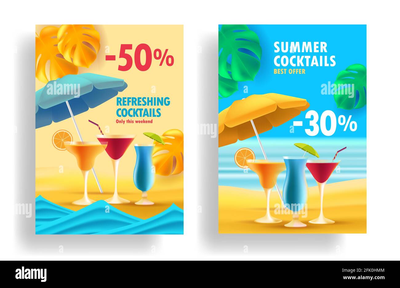 Carteles de la venta de verano con ofertas promocionales para cócteles de alcohol, 3D ilustraciones realistas, vasos en la playa con sombrilla y hojas tropicales Ilustración del Vector