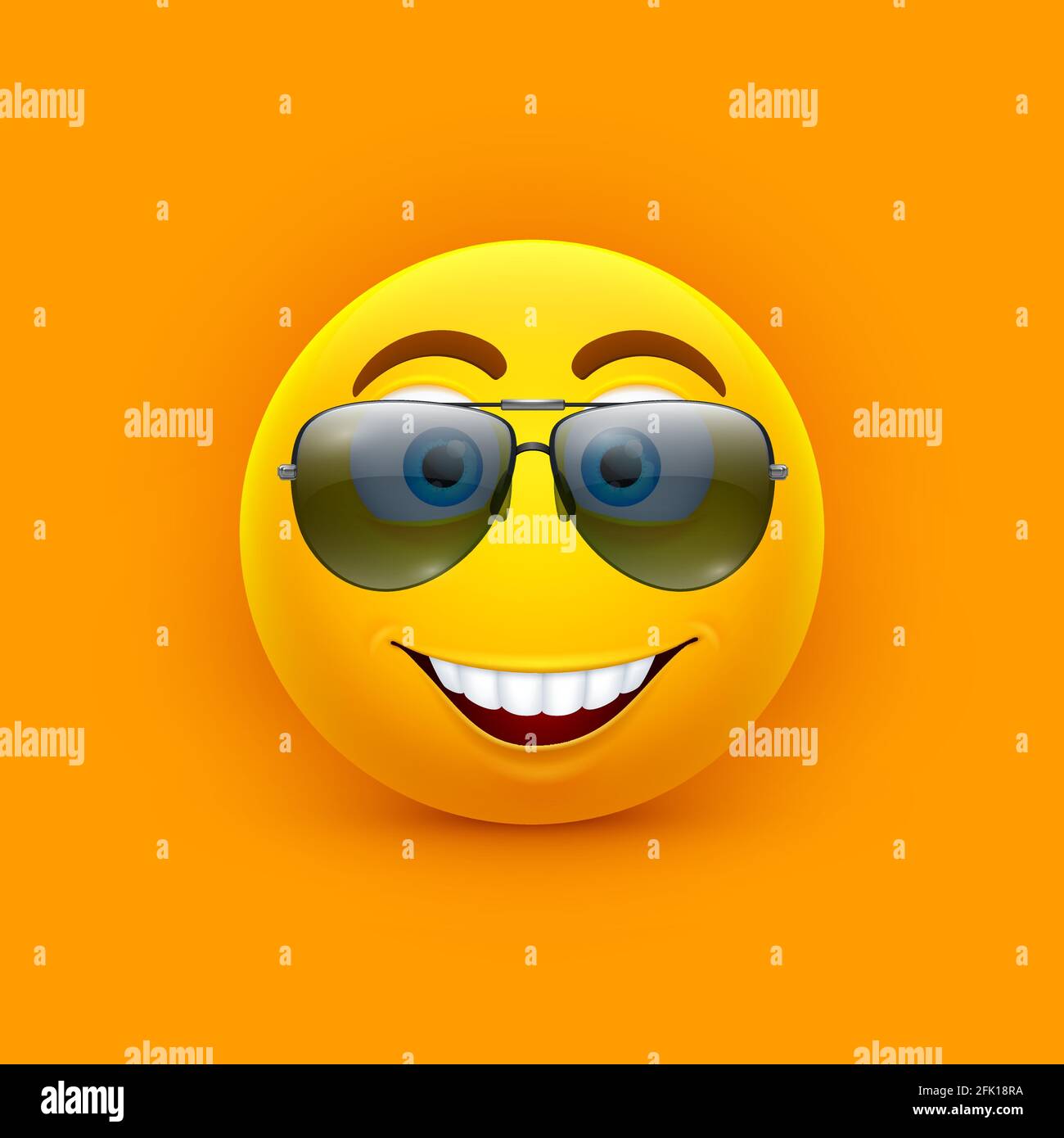 Emoji en gafas de sol. Icono cómico, emoticono sonrisa amarilla con gafas.  3d cara feliz, caricatura de verano vector carácter Imagen Vector de stock  - Alamy