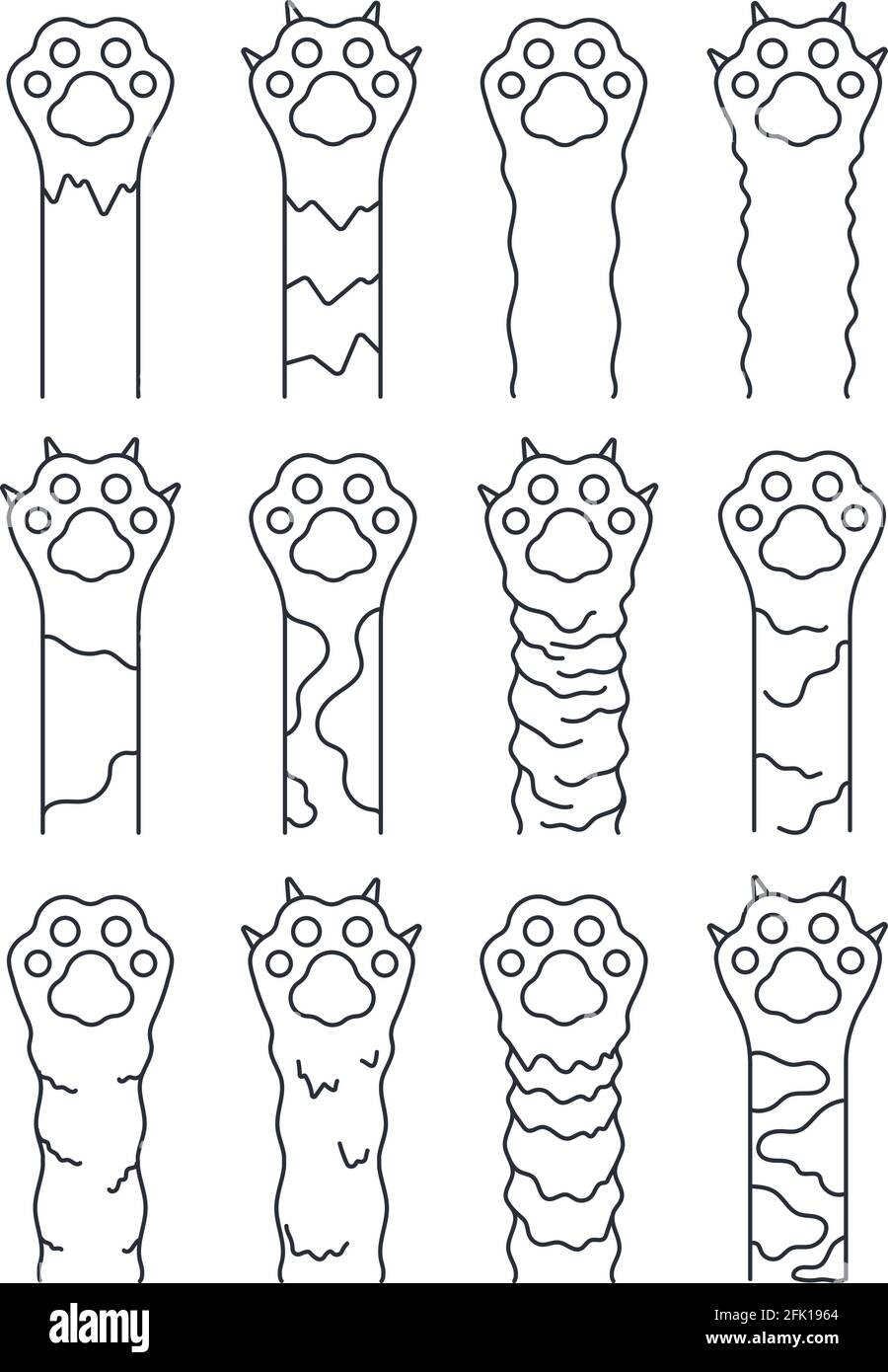 Patas Cat. Mascotas con líneas de boceto, huellas de gatito sencillas y divertidas. Pie de animal de fideos con iconos de garras. Bonita ilustración de vector de silueta de pierna de tigre Ilustración del Vector