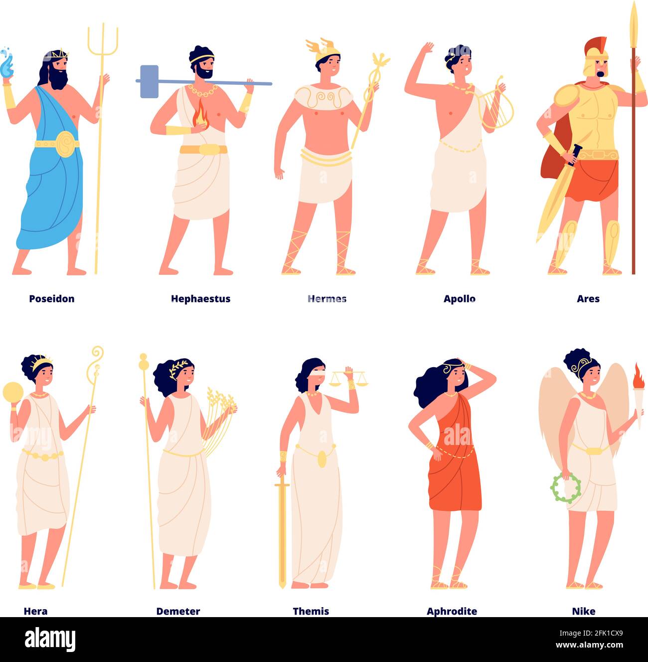 Mitología griega. Dioses Olympianos, diosa. Mitos romanos personajes. Conjunto de vectores de panteón aislado poseidón y demeter, hermes nike y hera Ilustración del Vector