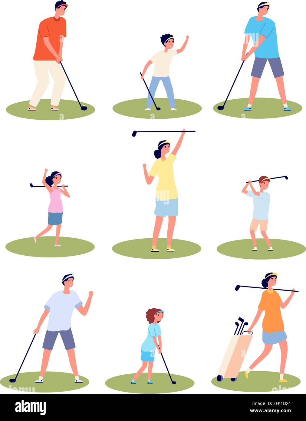 Personajes de los jugadores de golf. Hombres mujeres jugando, golfistas aislados con equipo y bolsas. Juego de vector deportivo de recreación al aire libre hembra plano Ilustración del Vector