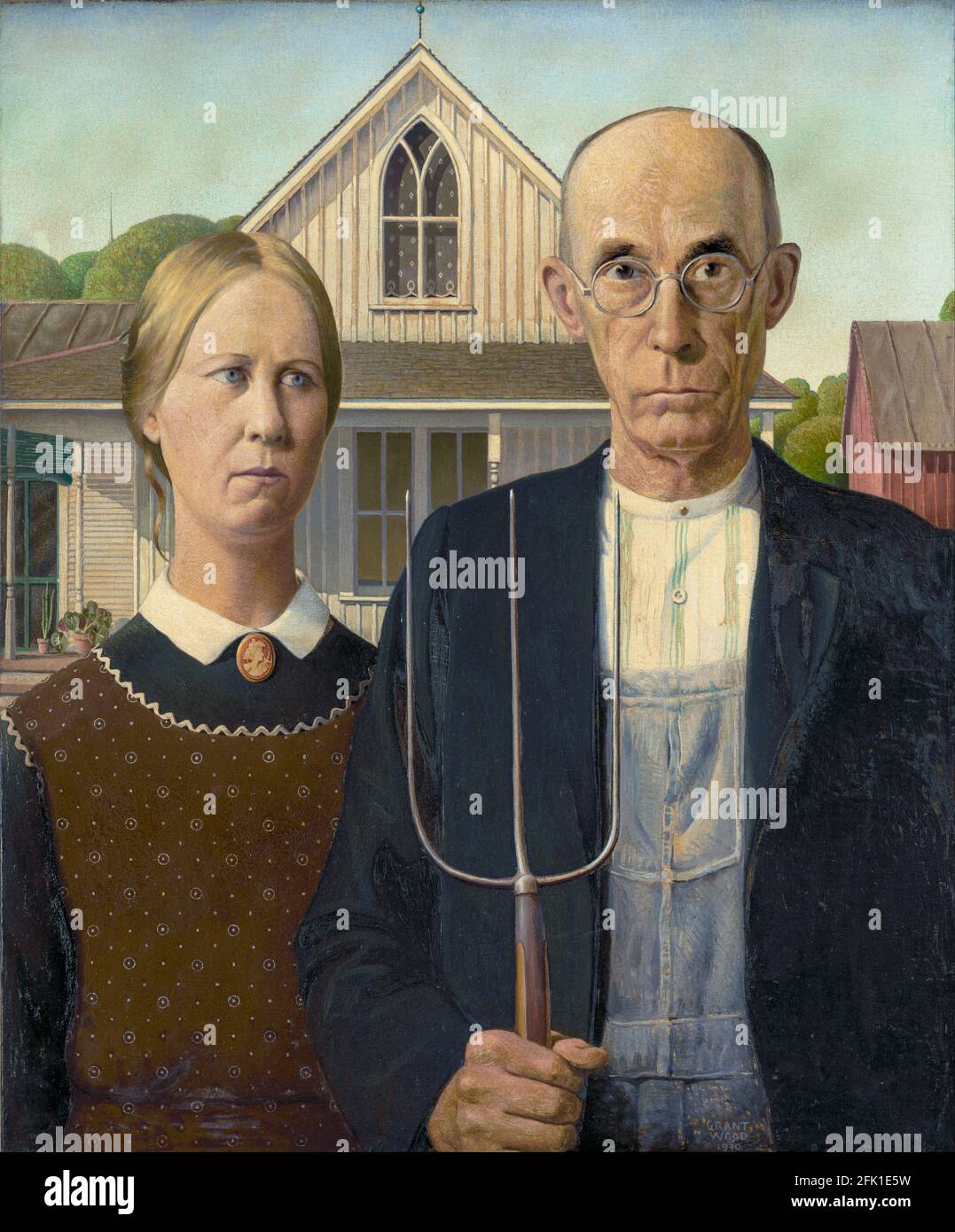 Grant Wood, gótico americano, 1930, óleo sobre panel, Instituto de Arte de Chicago Foto de stock