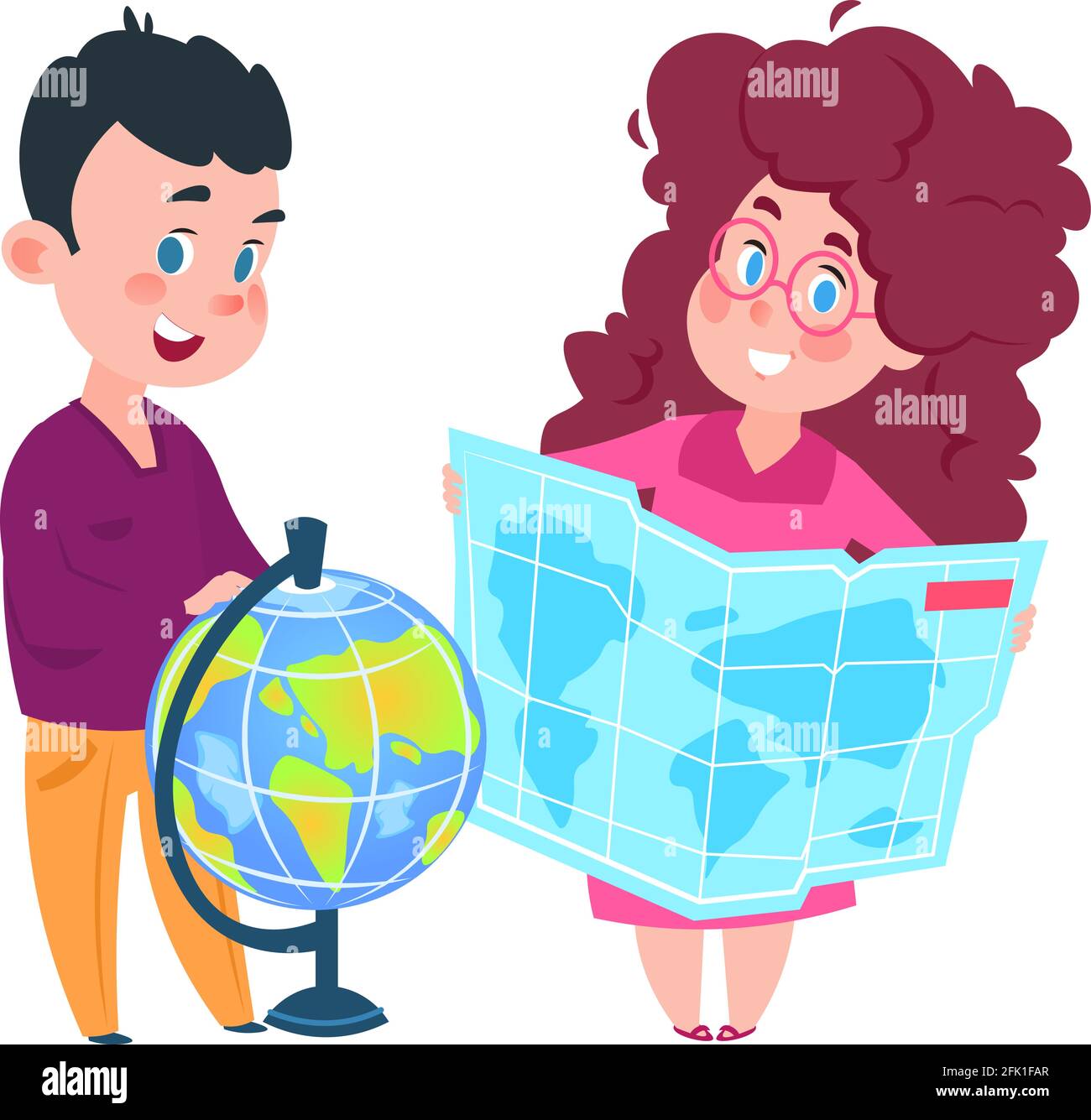 Lección de geografía. Chica linda con mapa y chico con globo terráqueo.  Dibujos animados aislados Pequeño alegre niños ilustración de vectores  Imagen Vector de stock - Alamy