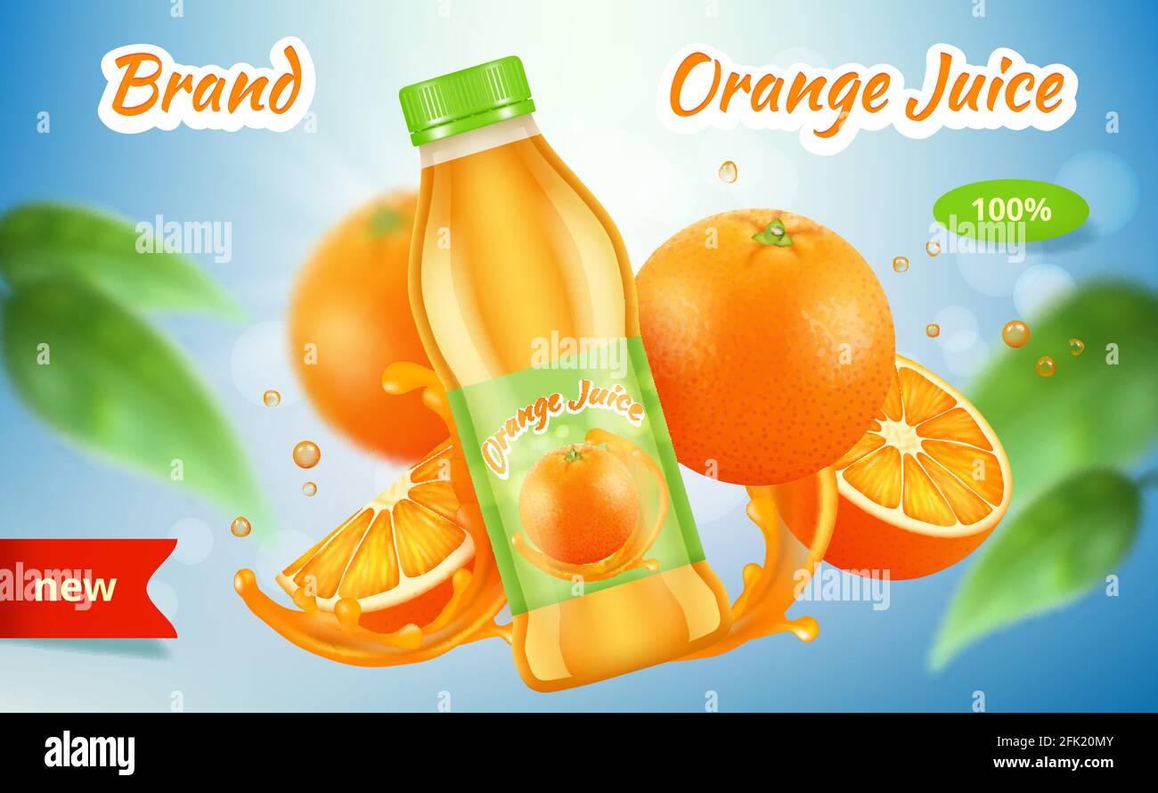 Anuncios en naranja. Aplacard botella de jugo de vitaminas con salpicaduras de frutas spray vector publicidad gráfico Ilustración del Vector