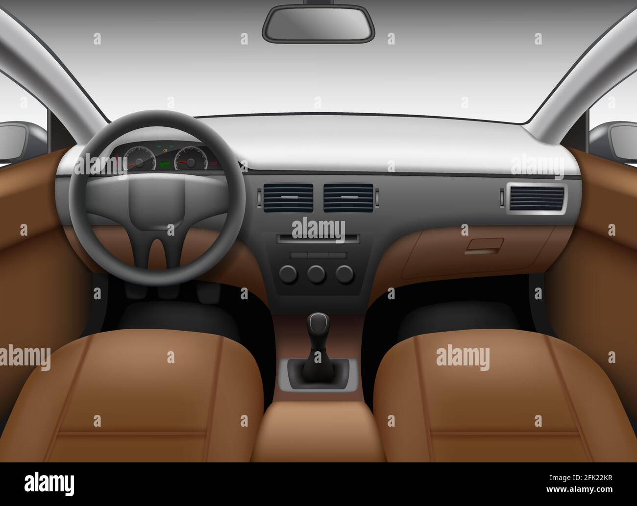 Salón de Automóviles. Plantilla interior de coche con asientos de cuero y espejo de espejo de color de rueda imagen realista vectorial Ilustración del Vector
