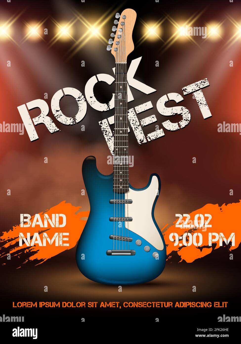 Invitación al festival de rock. Cartel de ilustración realista de guitarra musical con lugar para su vector de entrada de evento de texto Ilustración del Vector