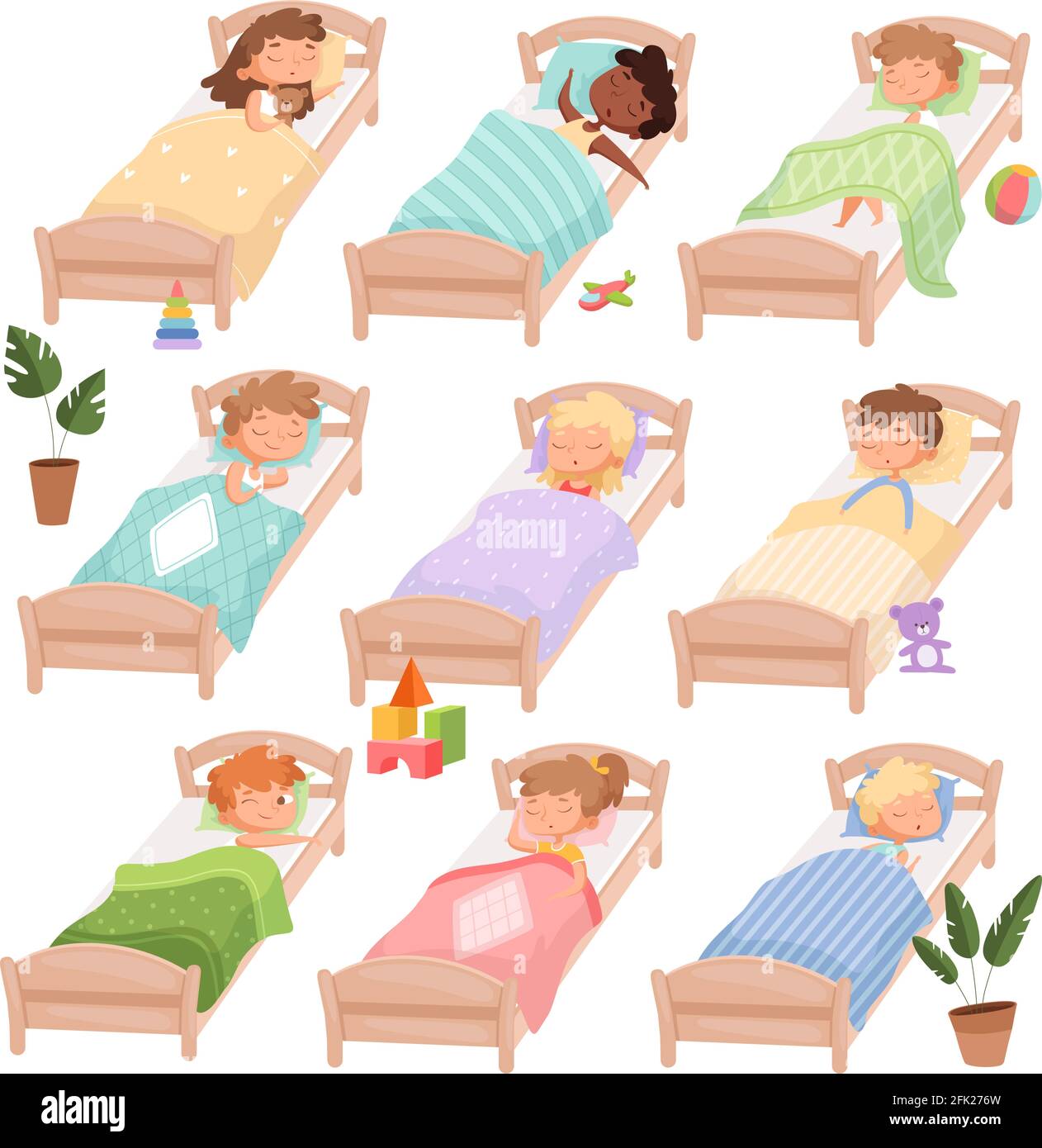 Jardín de infantes para dormir. Niños y niñas cansados niños pequeños en las camas hora tranquila sport día vectores personajes Ilustración del Vector