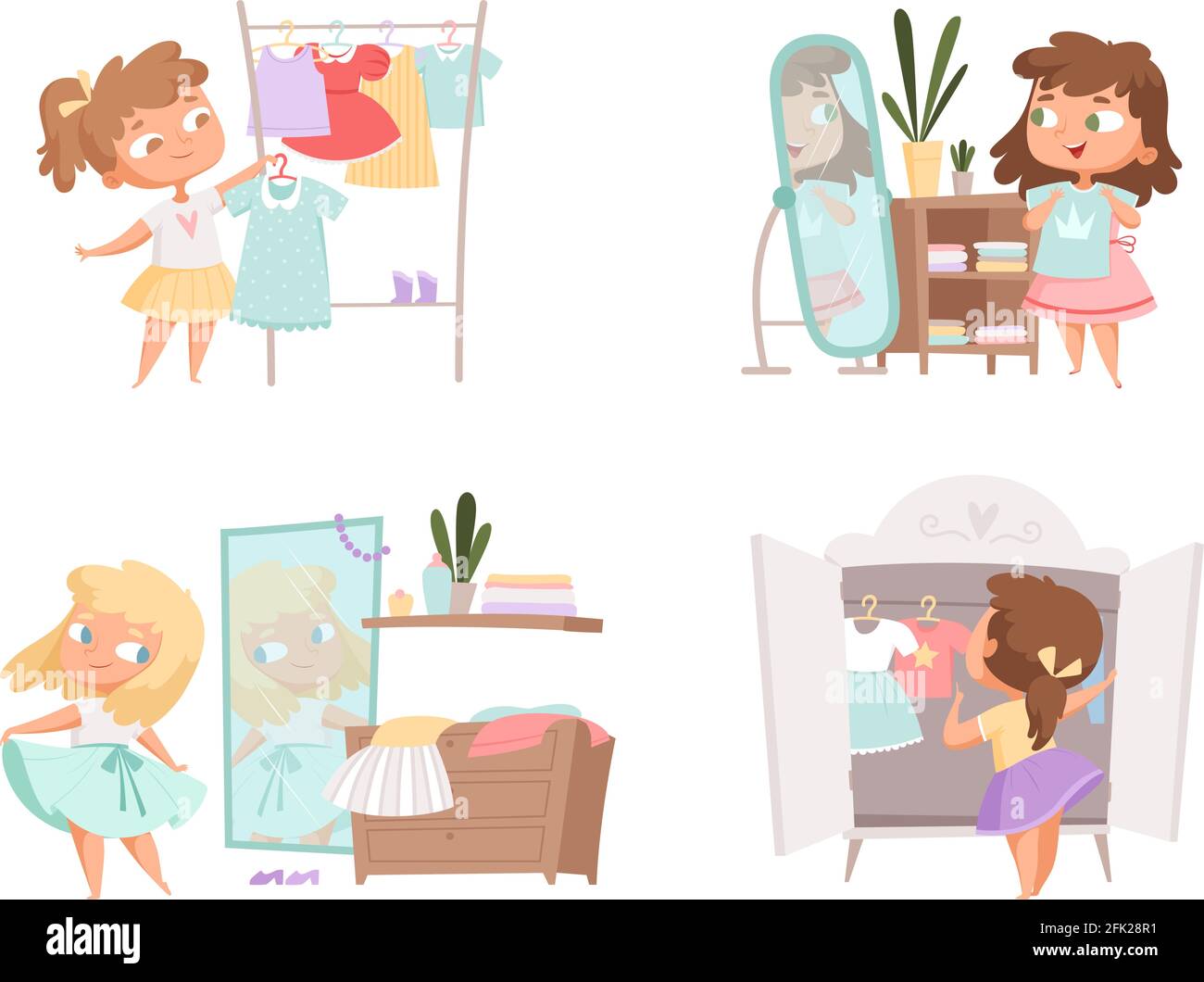 Chica vestiéndose. Ropa de elección de madre e hija en el armario vector  mujer persona vector dibujos animados niños Imagen Vector de stock - Alamy