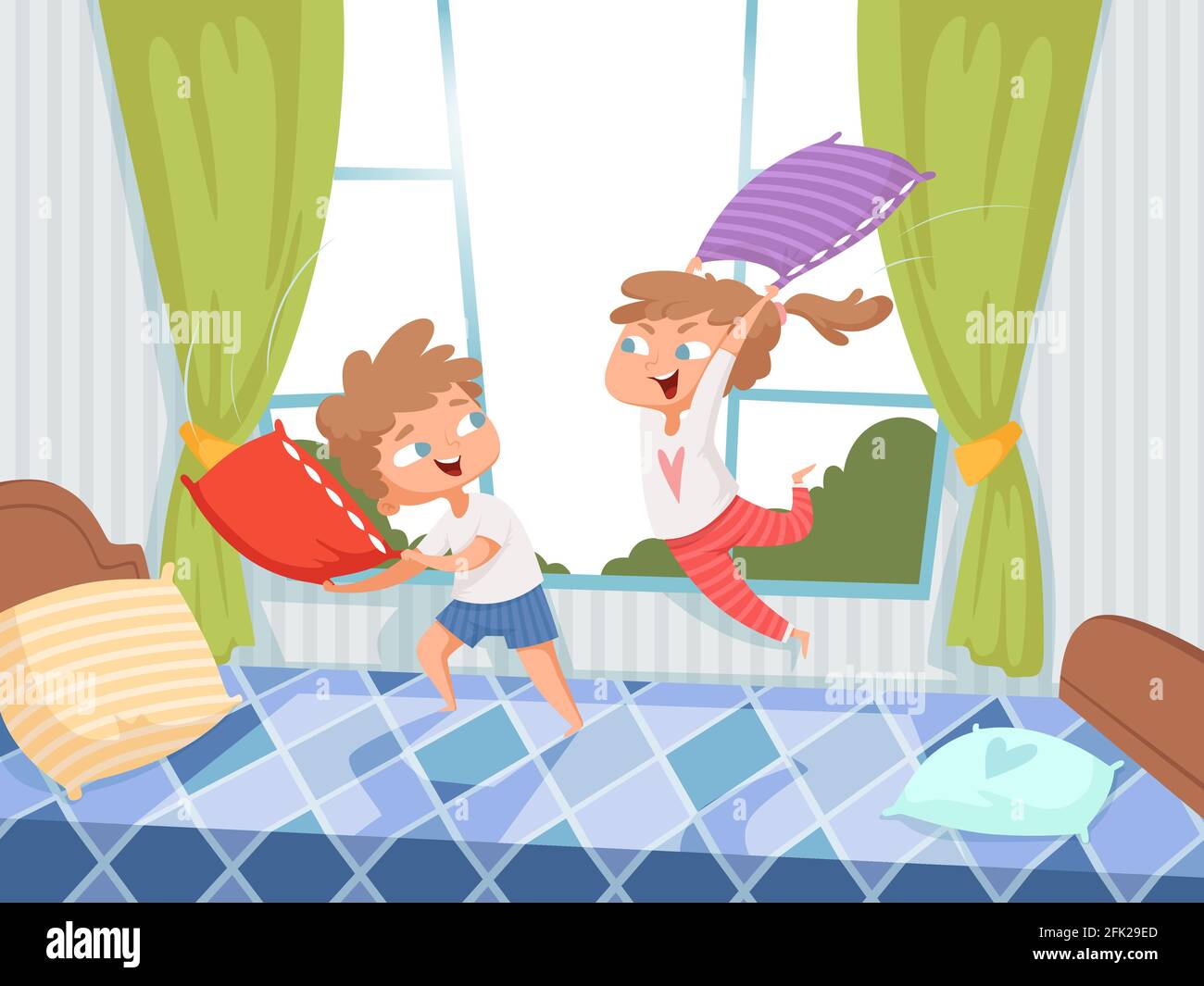 Juego de almohadas. Niños en la habitación de los niños saltando en la cama fiesta de pijama divertido personajes juguetones con almohadas de fondo vectorial Ilustración del Vector