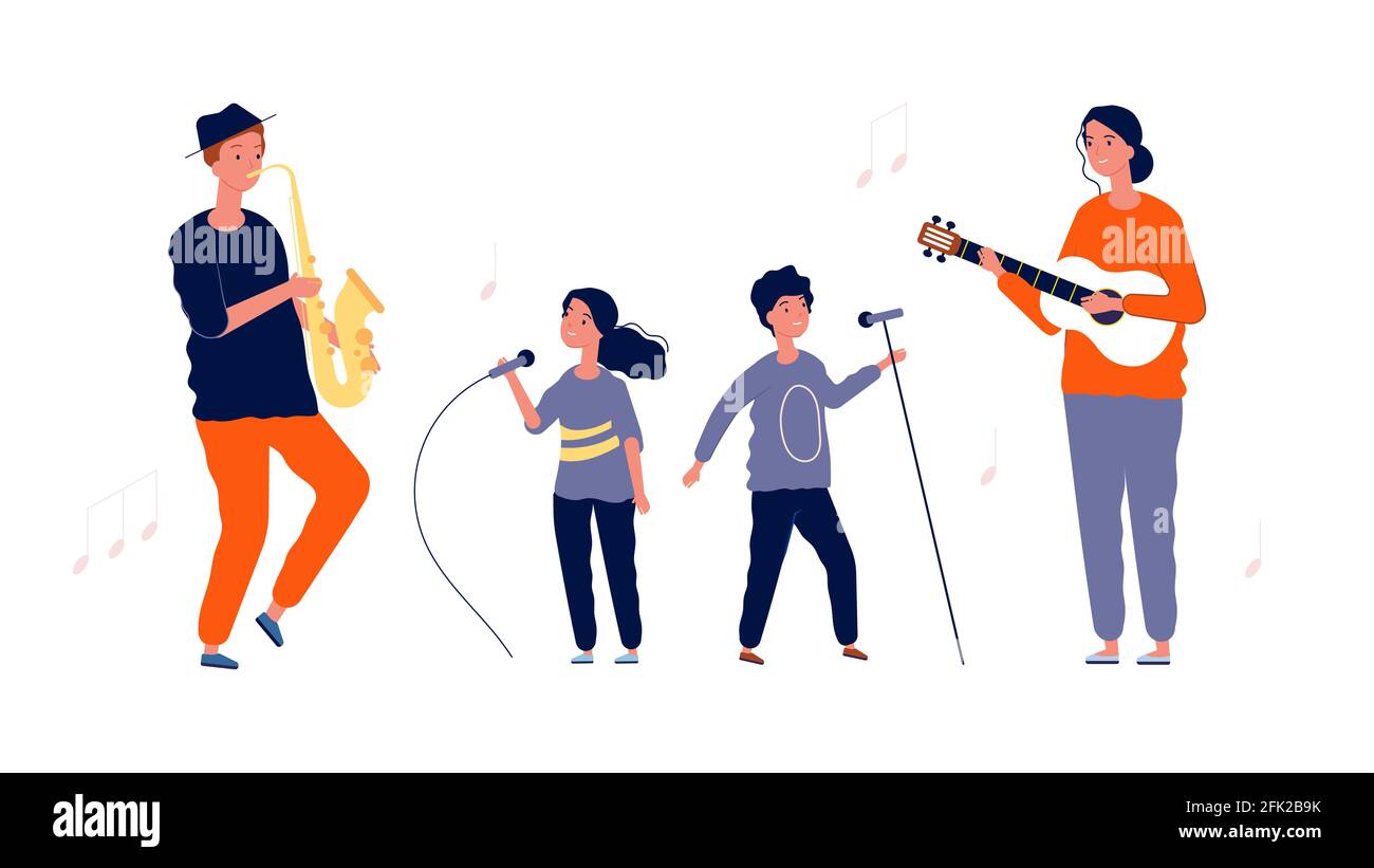 Niños cantantes. Clases de música y voz para niños. Artistas niña chico con  micrófonos y músicos adultos. Interpretación del vector de cantante Imagen  Vector de stock - Alamy