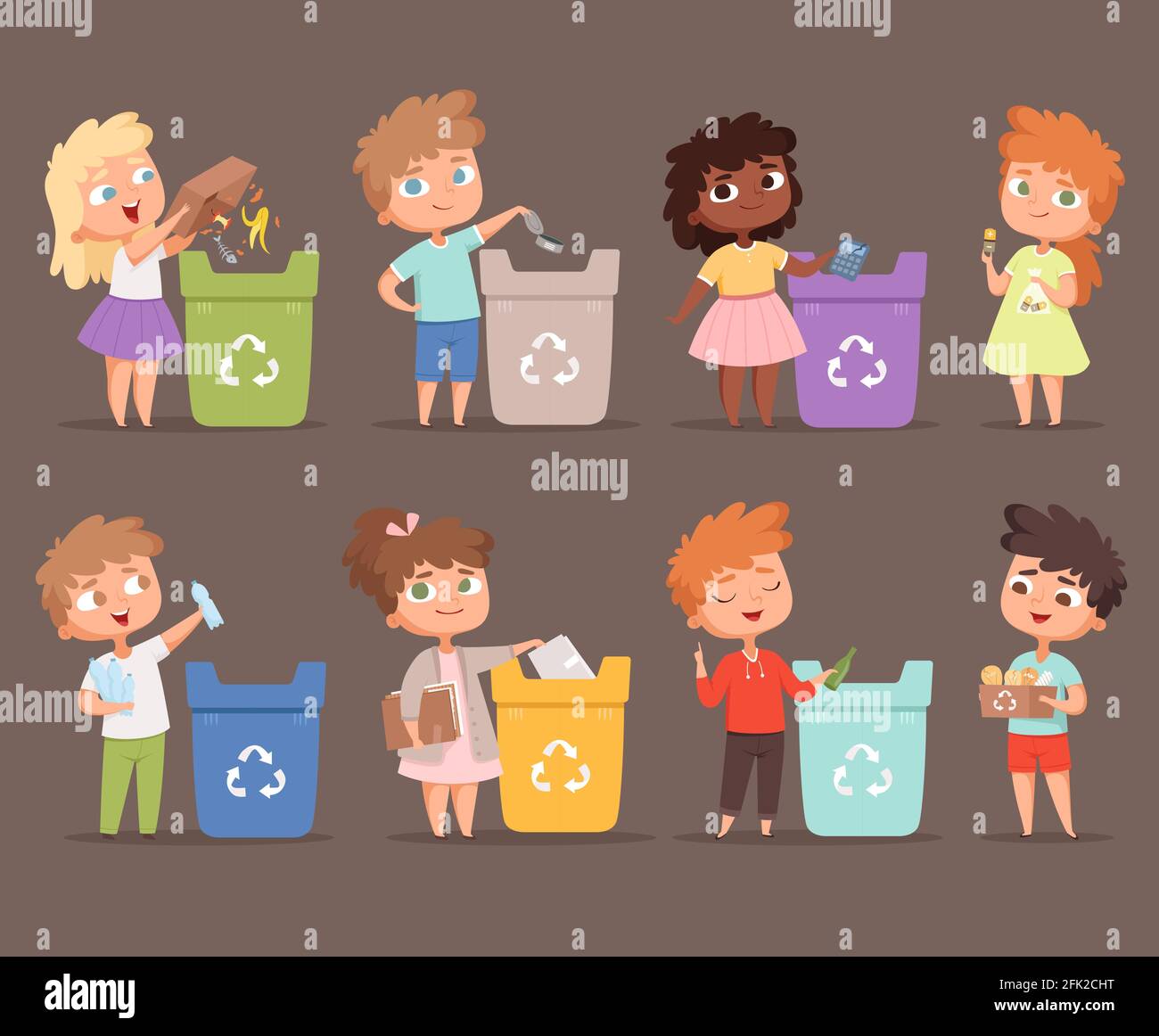 Reciclaje de basura. Los niños protegen el concepto de ecología del medio  ambiente guardar la naturaleza recolectando papel en bins vector personas  Imagen Vector de stock - Alamy