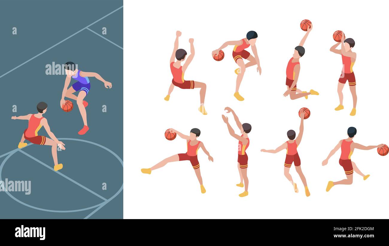 Juego de baloncesto. Los jugadores deportivos en acción activa posan juego de vectores isométricos para jugadores de baloncesto Ilustración del Vector
