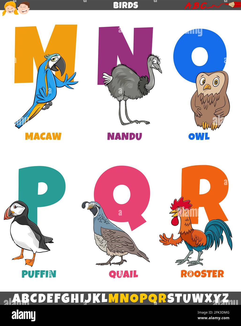 Ilustración de dibujos animados de alfabeto colorido establecido de la  letra M. a. R con pájaros graciosos personajes de animales Imagen Vector de  stock - Alamy