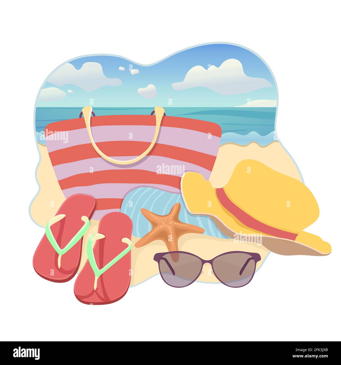 Accesorios de playa, ilustración plana, diseño de pegatinas de vacaciones  de verano. Bolsa de playa, sombrero de ala, chanclas, toalla, gafas de sol  en la playa de arena junto al mar Imagen