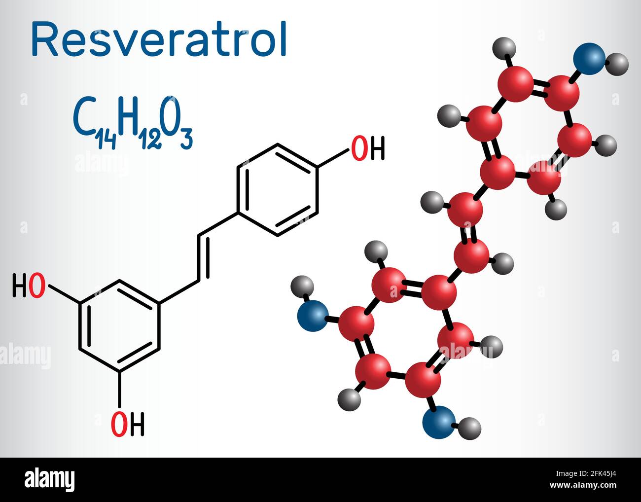 Molécula de resveratrol. Es fenol natural, fitoalexina, antioxidante
