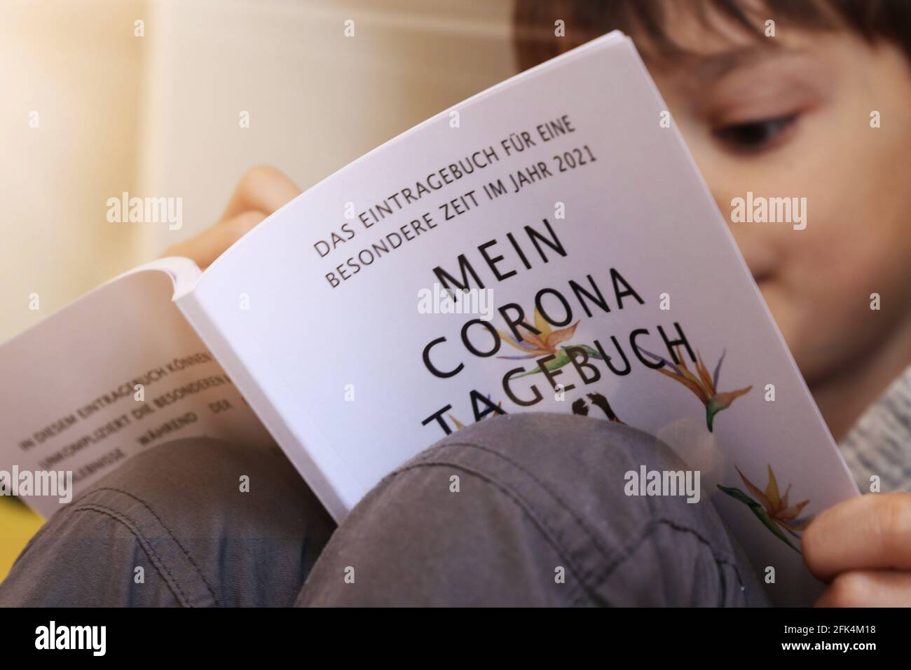 Symbolbild Kinder in Zeiten von Corona: Junge ließt in seinem Tagebuch (modelo lanzado) Foto de stock