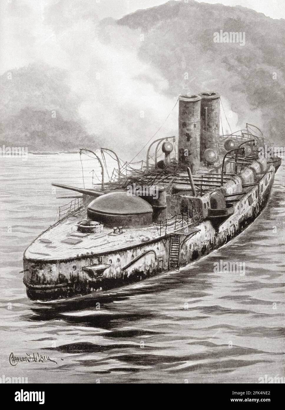 El acorazado español Oquendo después del enfrentamiento naval en la bahía de Manila, durante la Guerra Hispano-Americana de 1898. Foto de stock