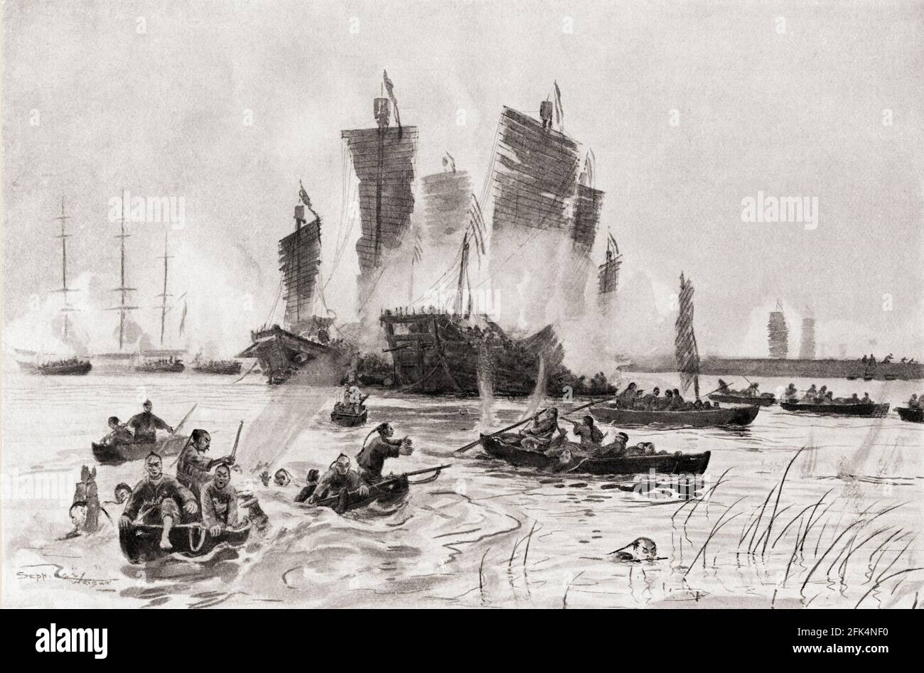 Una batalla marítima entre la marina imperial china y los juncos piratas durante el siglo 19th. Foto de stock