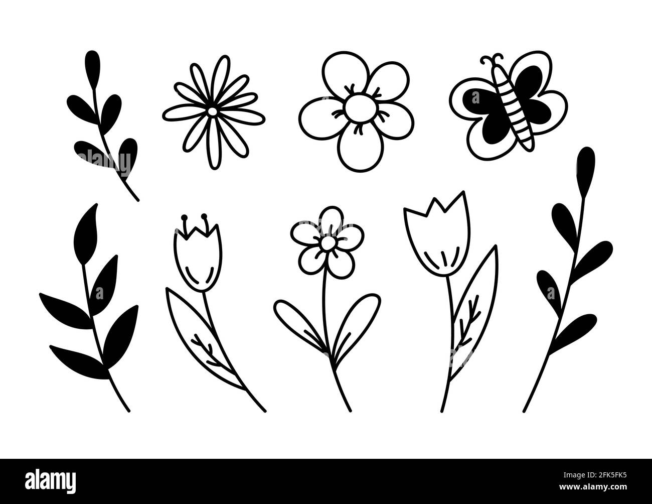 Conjunto de flores de dibujos animados, ramitas y mariposas aisladas sobre  fondo blanco. Ilustración vectorial dibujada a mano en estilo fideos.  Elementos de diseño de resorte. Adecuado para tarjetas, decoraciones Imagen  Vector