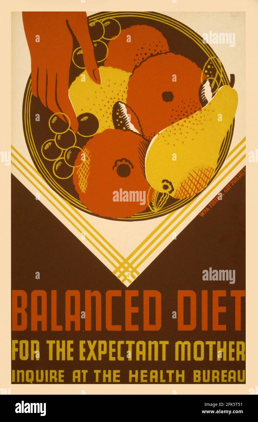 Un cartel de información pública vintage que promueve una dieta saludable para el embarazo mujeres Foto de stock