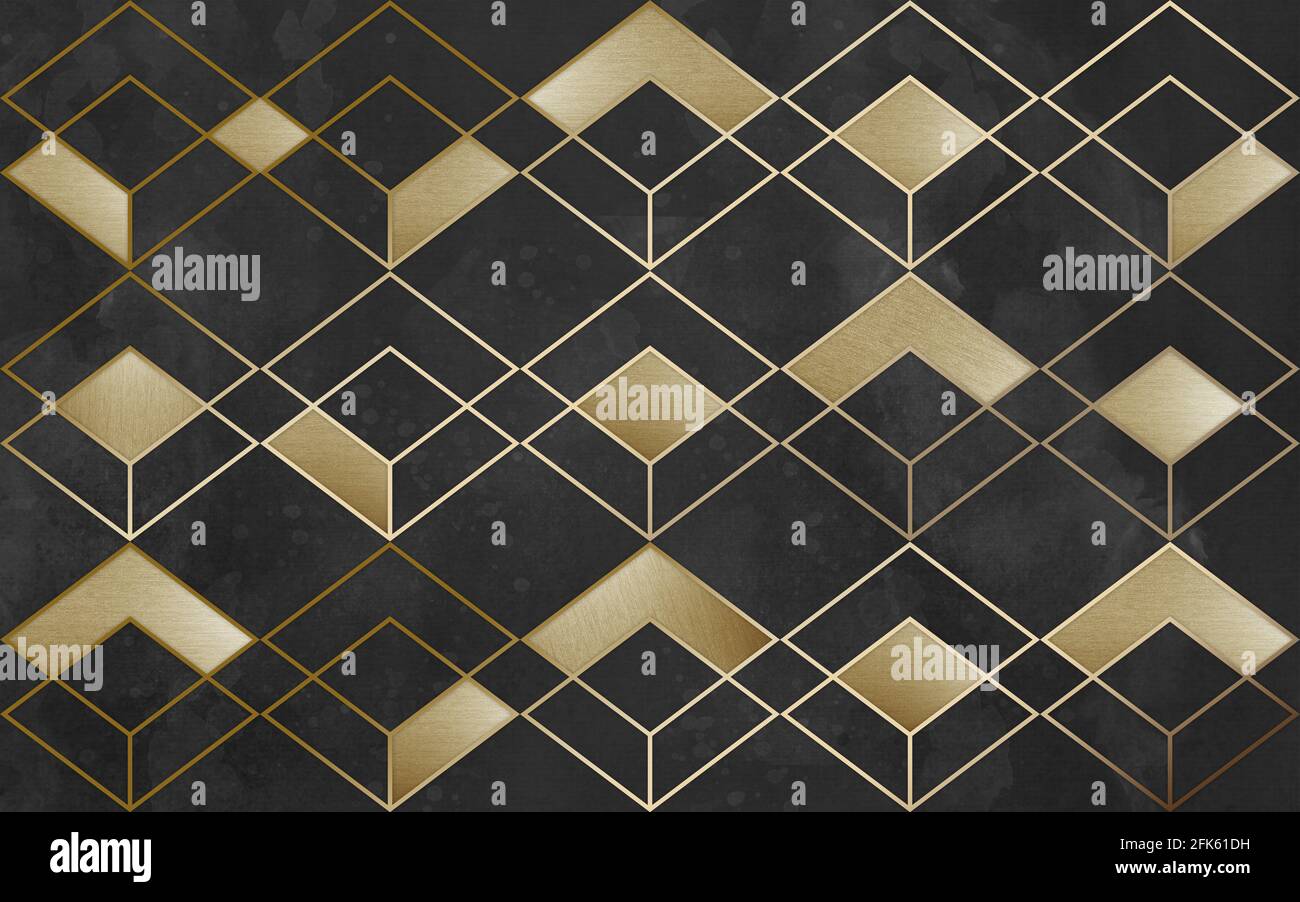 3d papel pintado mural moderno . Líneas doradas, formas geométricas en  fondo oscuro. Para decoración interior del hogar Fotografía de stock - Alamy