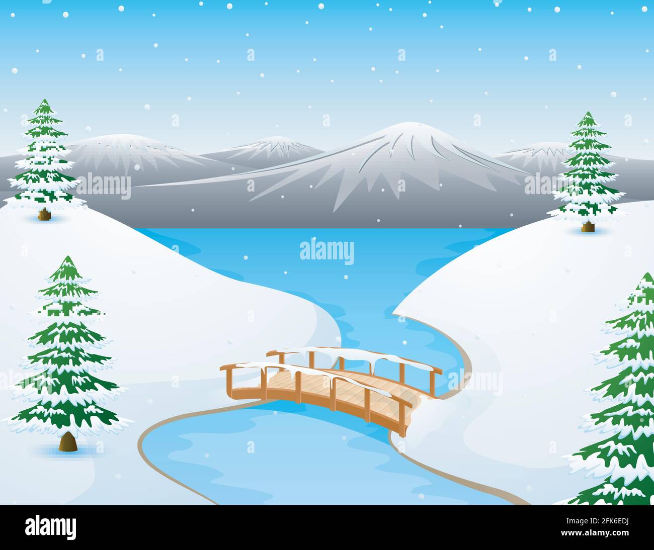 Paisaje de invierno de dibujos animados con montañas y un pequeño puente de  madera río Imagen Vector de stock - Alamy