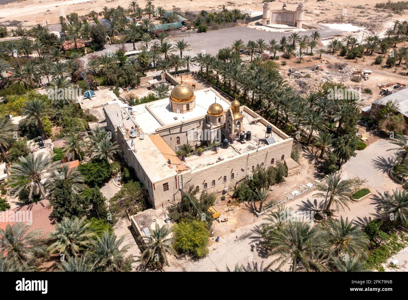 Monasterio Santo de San Gerasimos del Jordán, al oeste del río Jordán, Vista aérea. Foto de stock