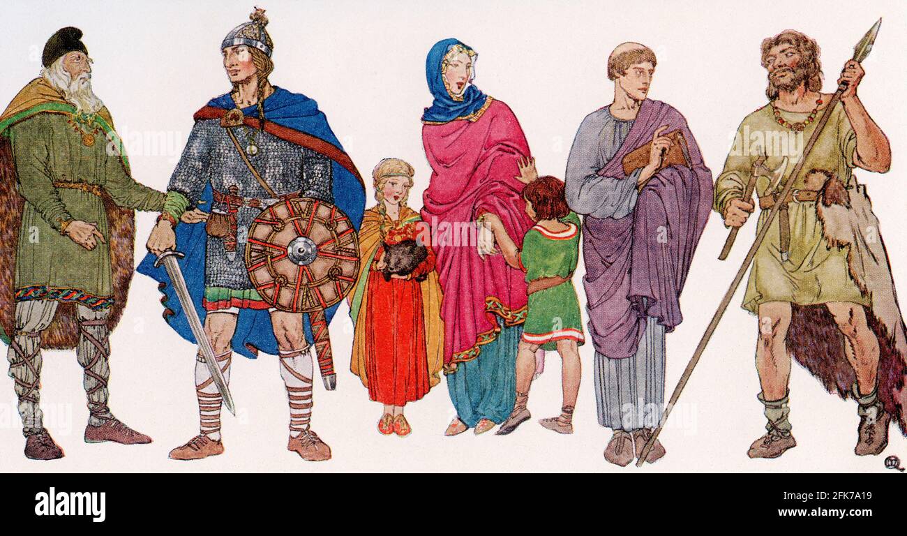 Vestido anglosajón típico. De Everday Life in Anglo-Saxon, Viking and Norman Times, publicado en 1926. Foto de stock