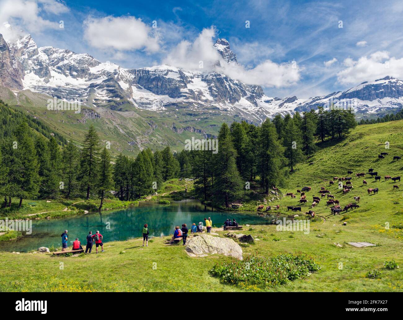 Cerca de Valtournenche, provincia de Aosta, Aosta, Italia. El Blue Lake (Lago Azul) con el Matterhorn en el fondo. El Matterhorn monta el borde Foto de stock
