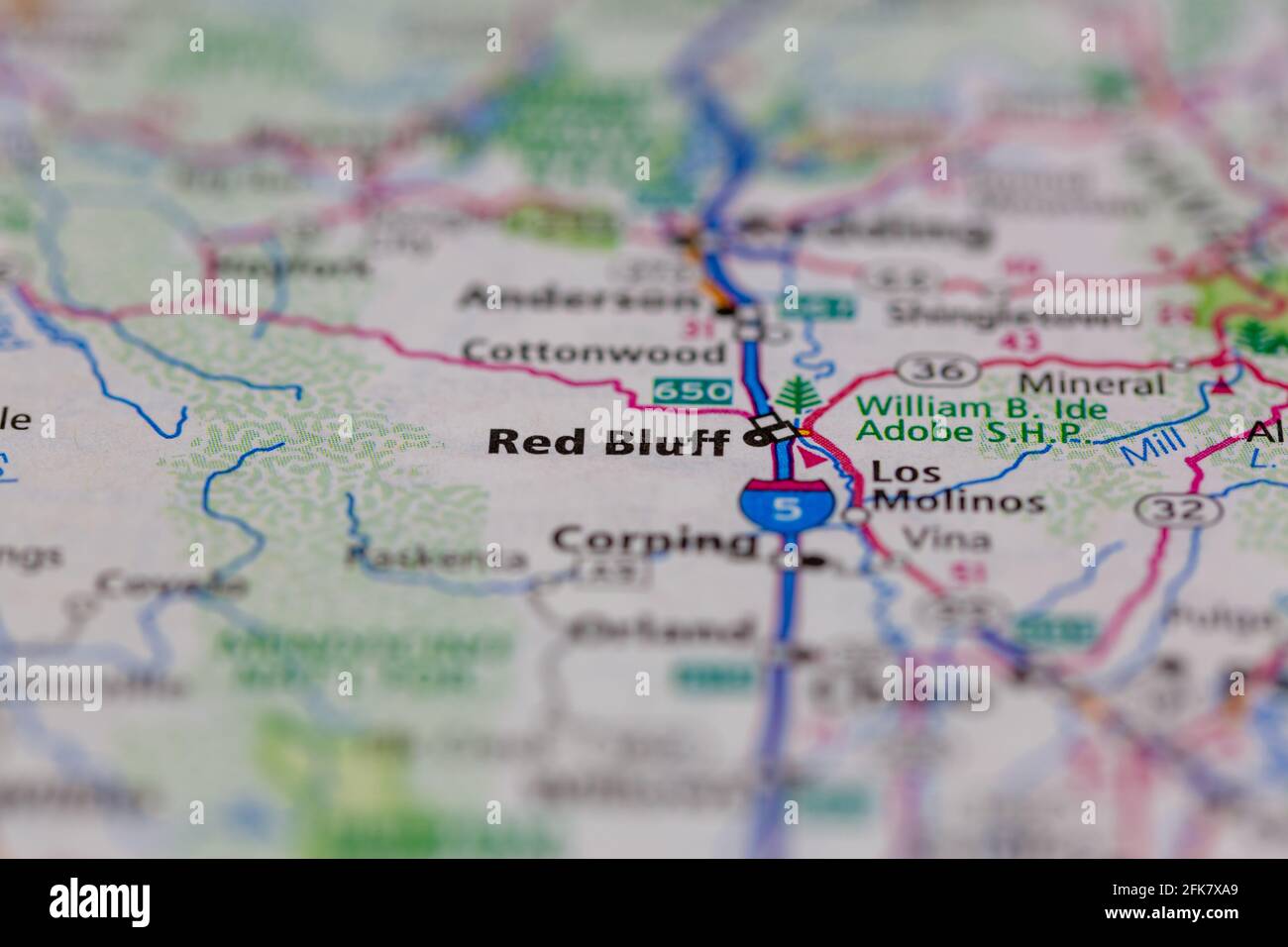 Red Bluff California USA mostrado en un mapa de geografía o. hoja de ruta Foto de stock