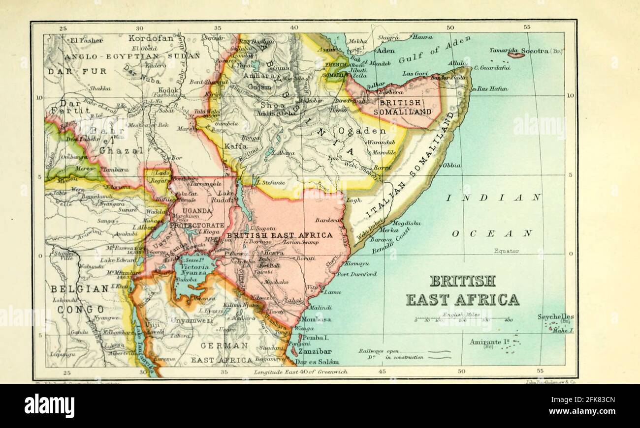 Mapa de África Oriental Británica del Libro ' Gran Bretaña a través de los mares : África : una historia y descripción del Imperio Británico en África ' por Johnston, Harry Hamilton, Sir, 1858-1927 Publicado en 1910 en Londres por National Society's Depository Foto de stock