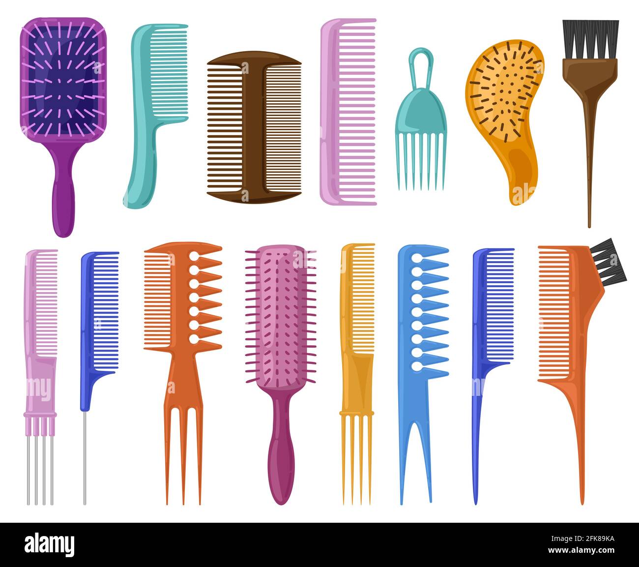 Cepillos de pelo de dibujos animados. Peine-guía de plástico para el  cuidado del cabello, juego de ilustración de vector de cepillo para peinado  de moda. Herramientas para accesorios de peluquería Imagen Vector
